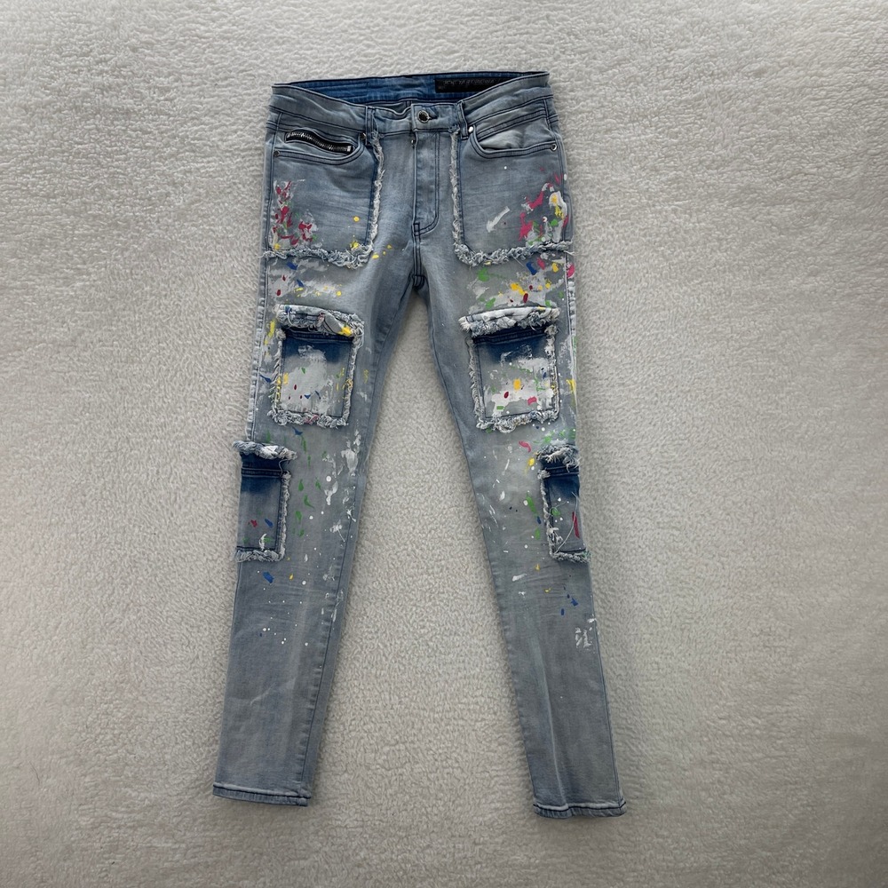 Rockstar Original Jeans Mens 34 Blue Skinny RSM200 Paint Splatter Distressed